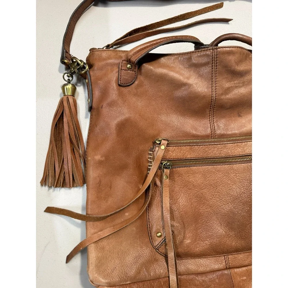 The Sak Tan Leather Hobo Crossbody Bag Tassel Boho‎ Cognac Large Tote
